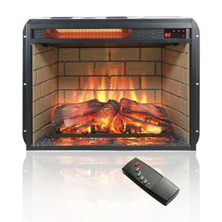 an electric fireplace with a remote control on the side and fire burning in it's sides