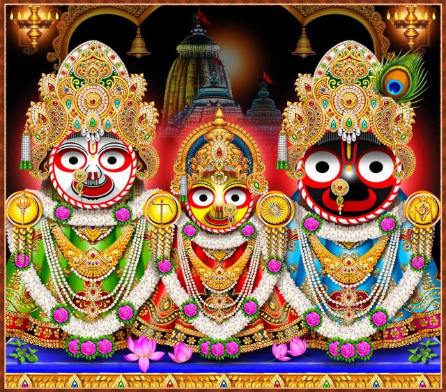 three colorfully painted deities in front of a temple