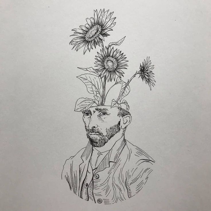 a drawing of a man with sunflowers on his head