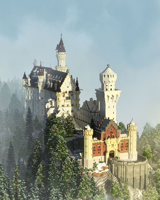 a large castle sitting on top of a lush green hillside next to a tall forest