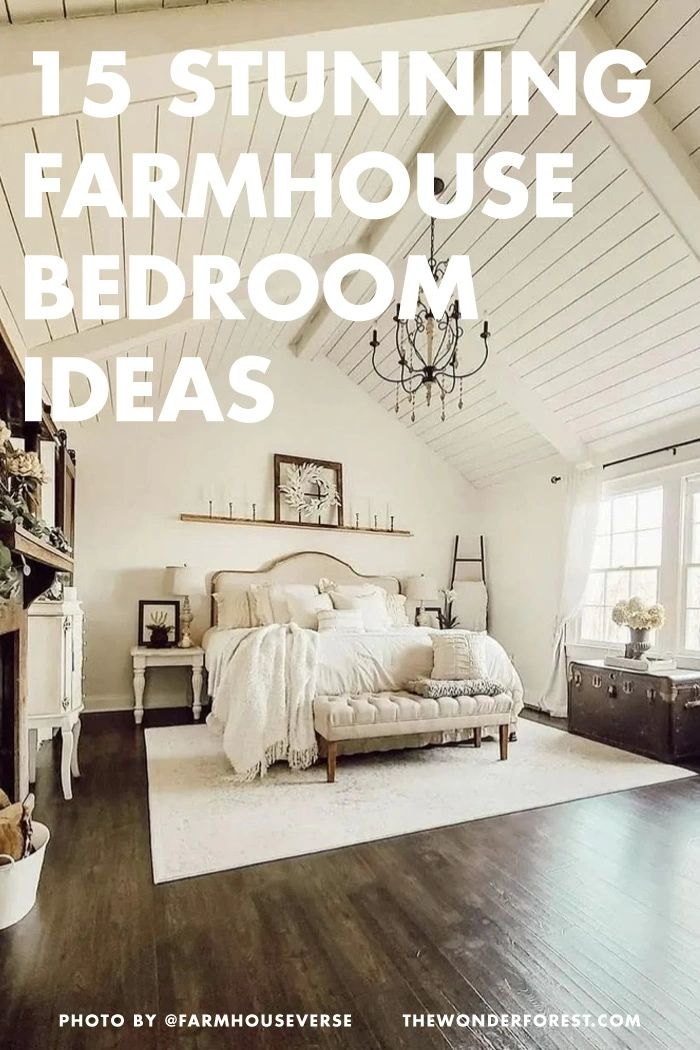 a bedroom with white walls and wood floors, is featured in the magazine 15 stunning farmhouse bedroom ideas