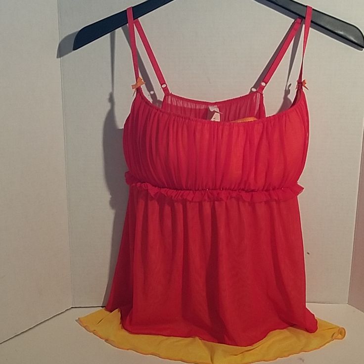 Victoria's Secret Mesh Sheer Ruched Upper Cami With Adjustable Straps Bow Accent. Has Yellow Mesh Underlings Red Spaghetti Strap Sleepwear For Summer, Red Spaghetti Straps Sleepwear For Summer, Red Summer Camisole Sleepwear, Victoria's Secret Camisole For Beach, Red Camisole With Built-in Bra, Red Sleeveless Camisole With Built-in Bra, Red Spaghetti Strap Camisole For The Beach, Victoria's Secret Summer Camisole With Built-in Bra, Victoria's Secret Sleeveless Sleepwear With Built-in Bra