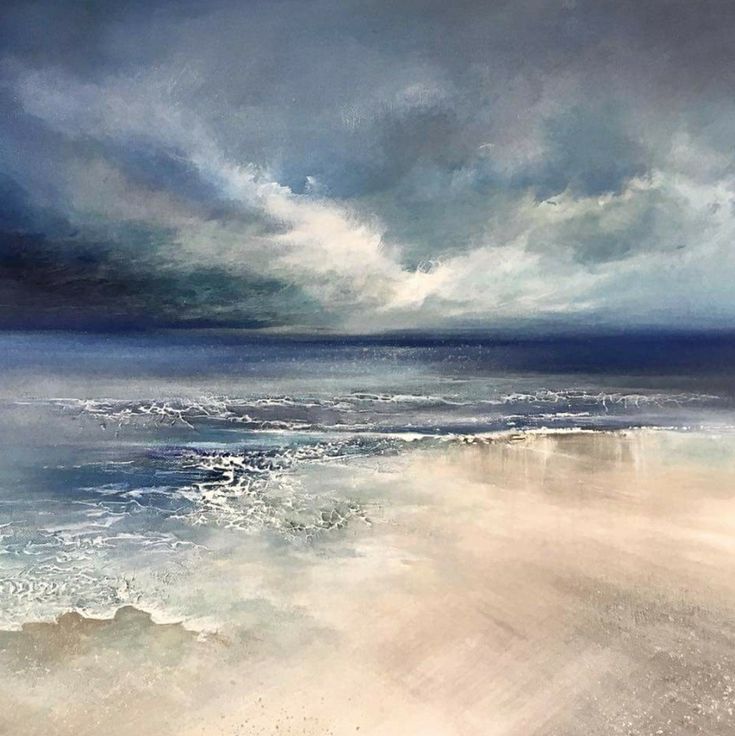 an abstract painting of the ocean and sky with white sand on the beach, as well as dark clouds