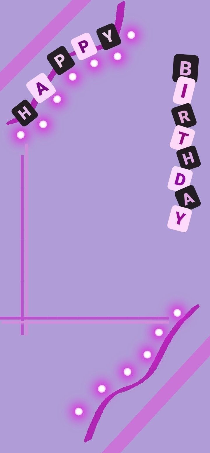 a purple background with letters spelling happy birthday on the top and below it are lights