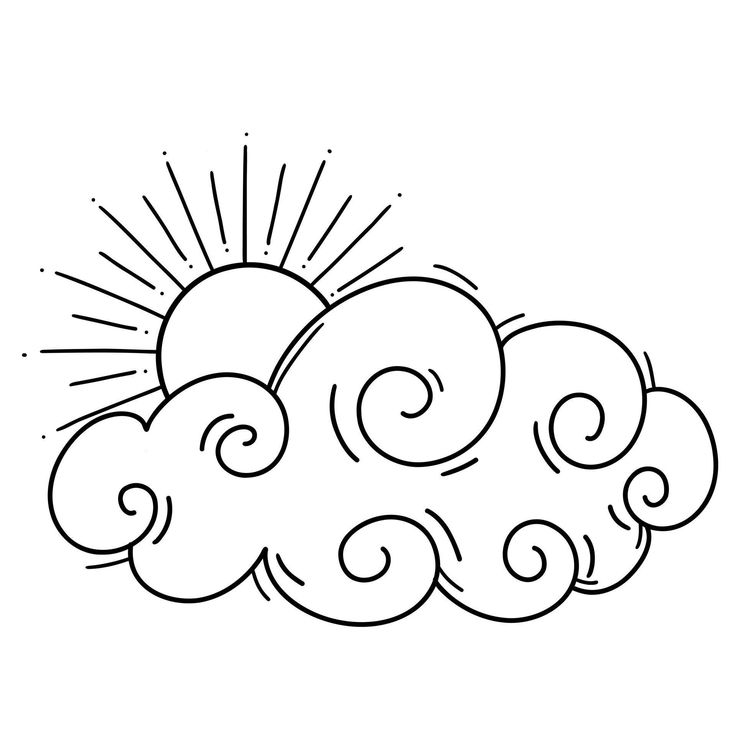 a black and white drawing of clouds with the sun in the sky above them on a white background