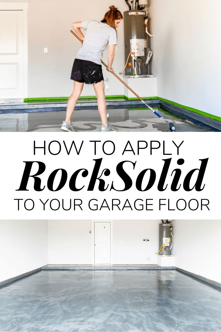 a woman is cleaning the floor with a mop and bucket in her hand, text reads how to apply rocksolid to your garage floor