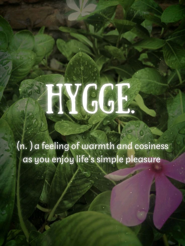 the words hygge are written in white letters on top of green leaves