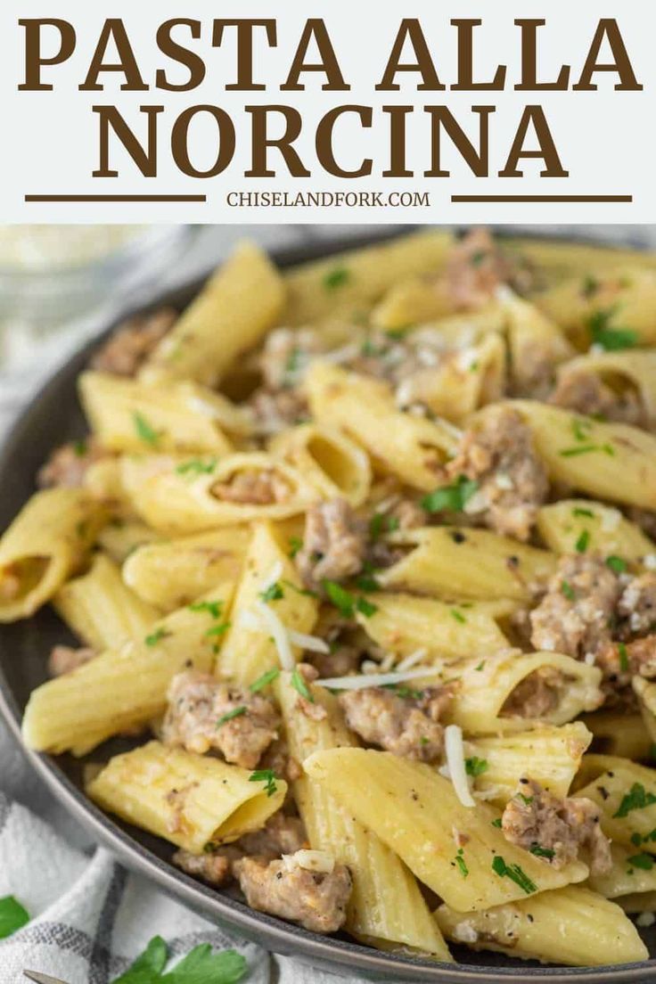 pasta alla noccina with meat and parmesan cheese in a skillet