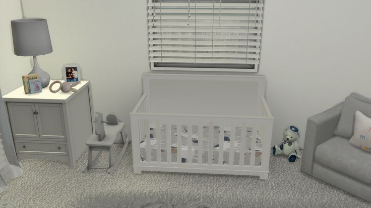 a baby's room is decorated in white and gray