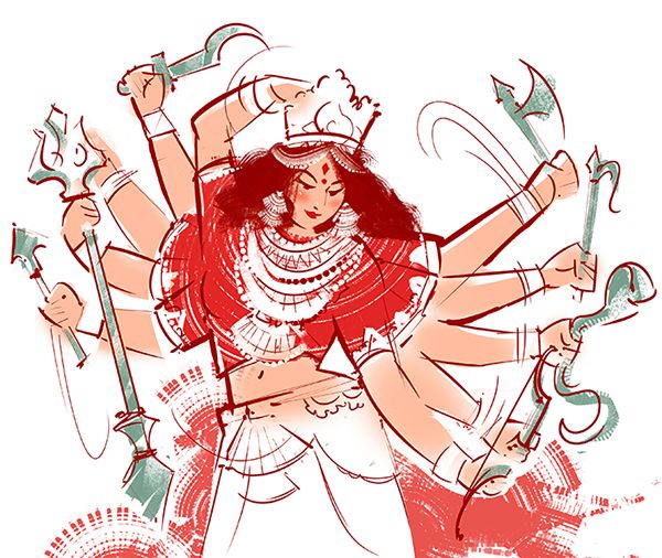 an artistic drawing of a woman dancing with two swords in her hands and wearing a headdress