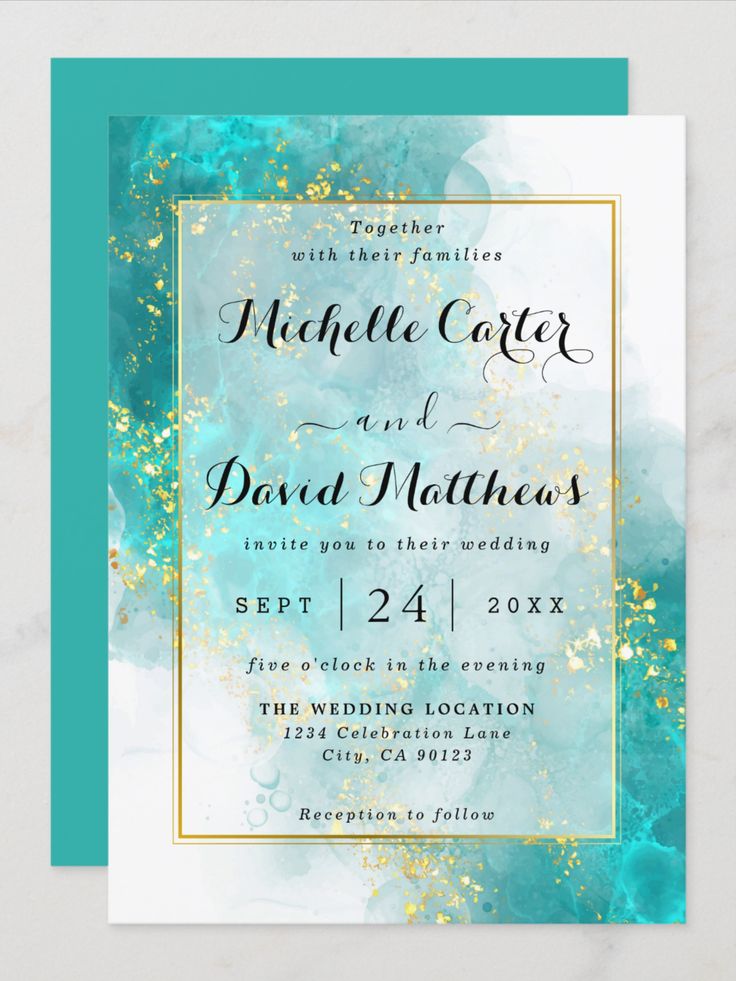 the teal and gold foil wedding card