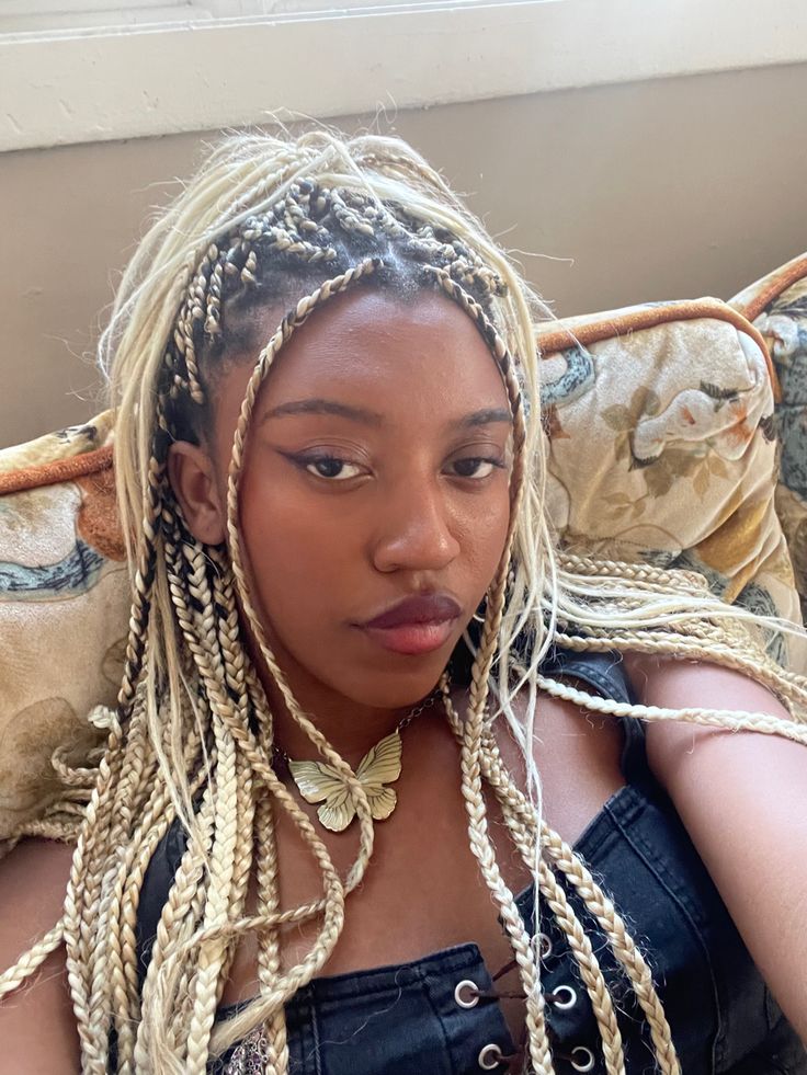 Blonde box braids Blonde Box Braids On Black Hair, Bleach Blonde Braids, Box Braids Hairstyles Blonde, Blonde Box Braids Black Women, 613 Box Braids, Platinum Blonde Box Braids, Blonde Braids Black Women Dark Skin, Platinum Blonde Braids, Black And Blonde Box Braids