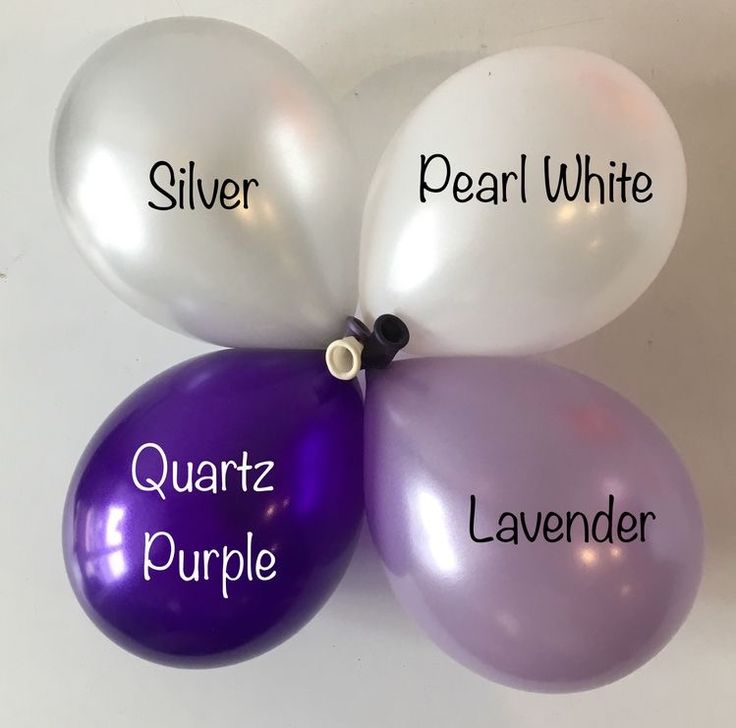 three balloons that say, pearl white, quartz purple and lavender with the names of each balloon