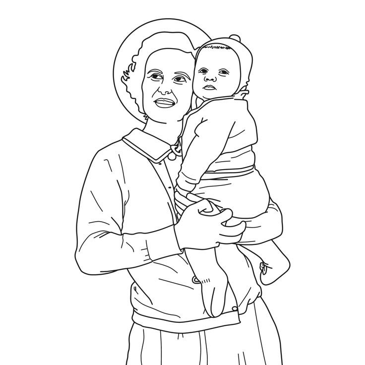 a black and white drawing of a woman holding a baby in her arms, with the child