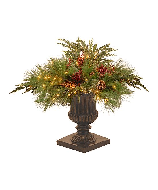 a christmas arrangement with pine cones and berries in a urn on a white background