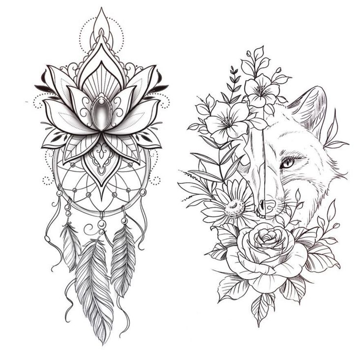 two tattoos with flowers and an animal on the side, one in black and white