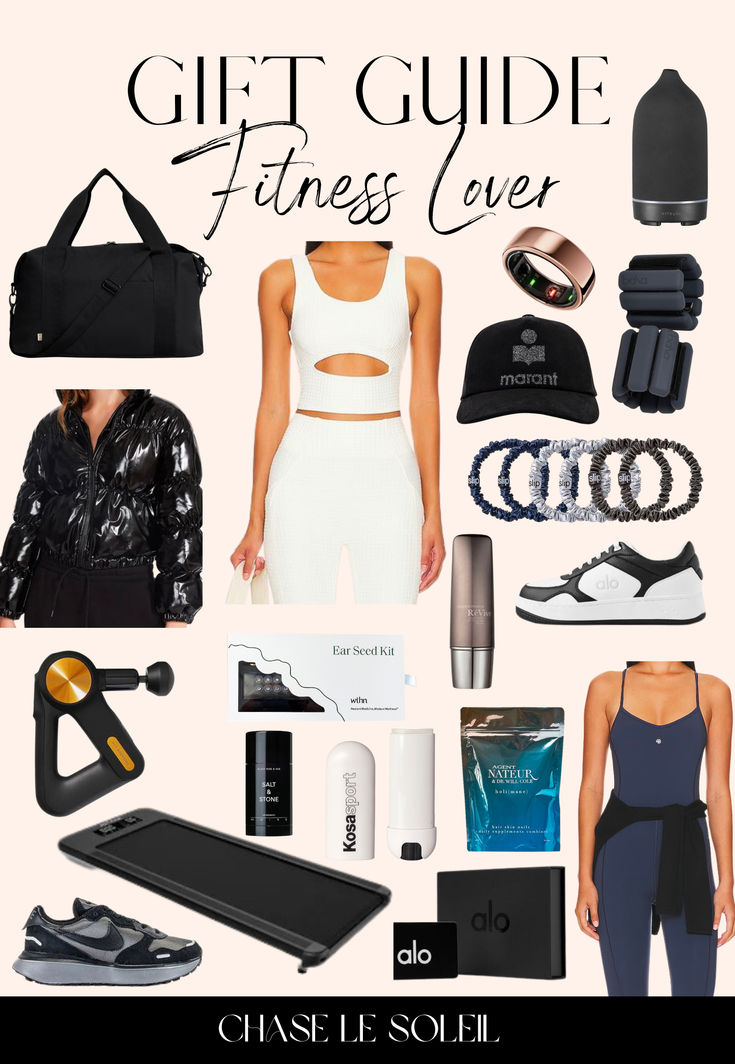 a woman's gift guide for the fitness lover in her life, including clothing and accessories