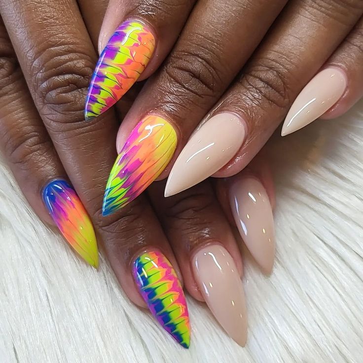 Tie Dye Nails Acrylic, Tie Dye Nail Art, Neon Acrylic Nails, Tie Dye Nails, Nail Pops, Bright Nails, Trendy Nail Art, Heart Nails, Cute Nail Designs