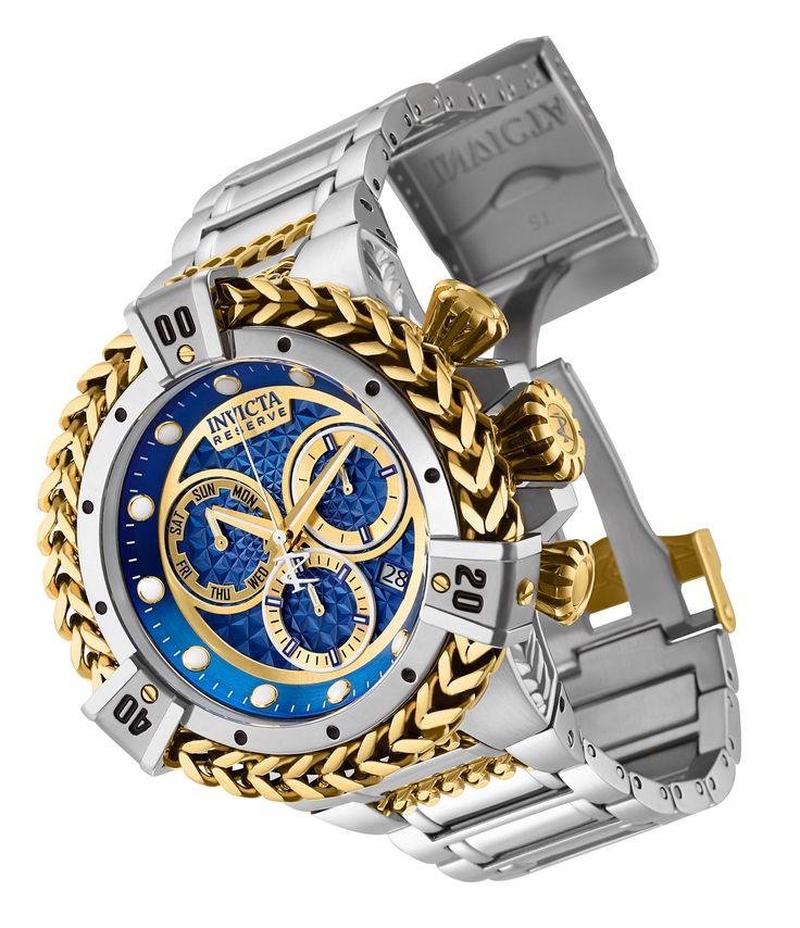 This impressive Invicta Reserve watch features a Quartz movement, all in a solid gold, steel case. Its blue, gold metal dial is enclosed by a highly protective Flame Fusion Crystal. This watch is finished by a strong silver, gold stainless steel band, and it offers 200m water resistance.The exceptional taste and distinguished palette of the connoisseur will discover timeless pleasure within the Invicta Reserve collection. Specially developed for those in the know, Reserve is a reinvention of the Luxury Stainless Steel Chronograph Watch With Metal Dial, Luxury Metal Watch Accessories With Metal Dial, Luxury Metal Watch With Round Dial, Gold Stainless Steel Automatic Chronograph Watch, Metal Chronograph Watch With Round Dial, Luxury Gold Stainless Steel Chronograph Watch, Gold Diamond Watch With Tachymeter, Luxury Metal Watches With Subdials, Luxury Metal Watch With Subdials