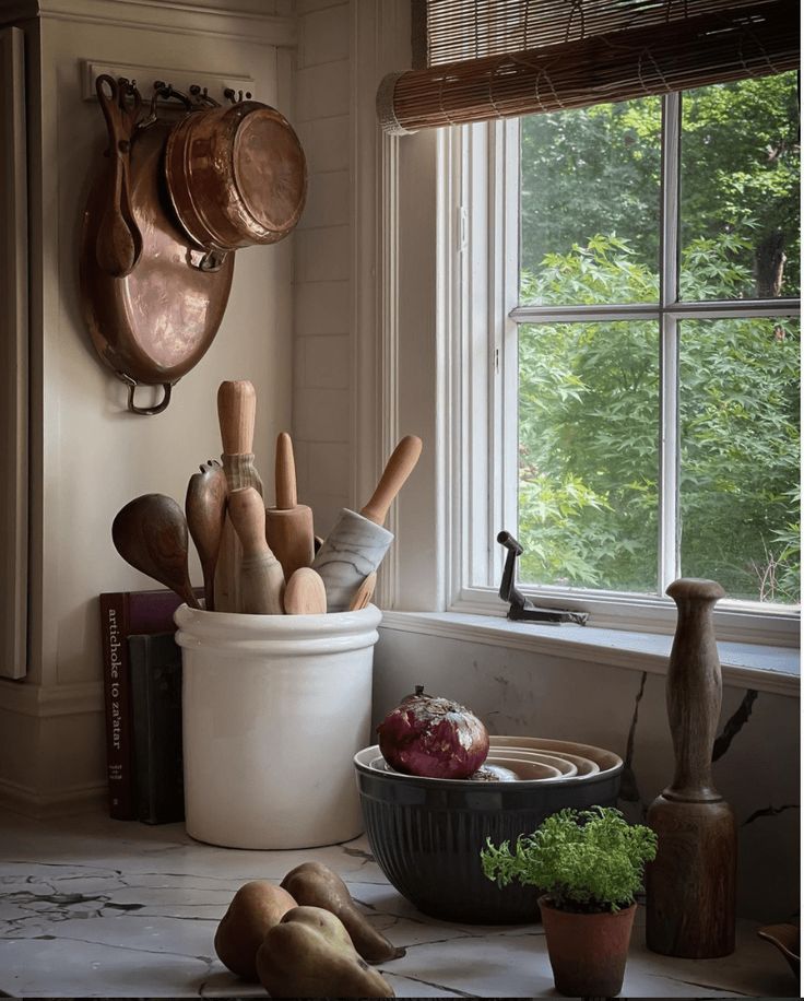 pots and pans are sitting on the counter in front of a window with potted plants