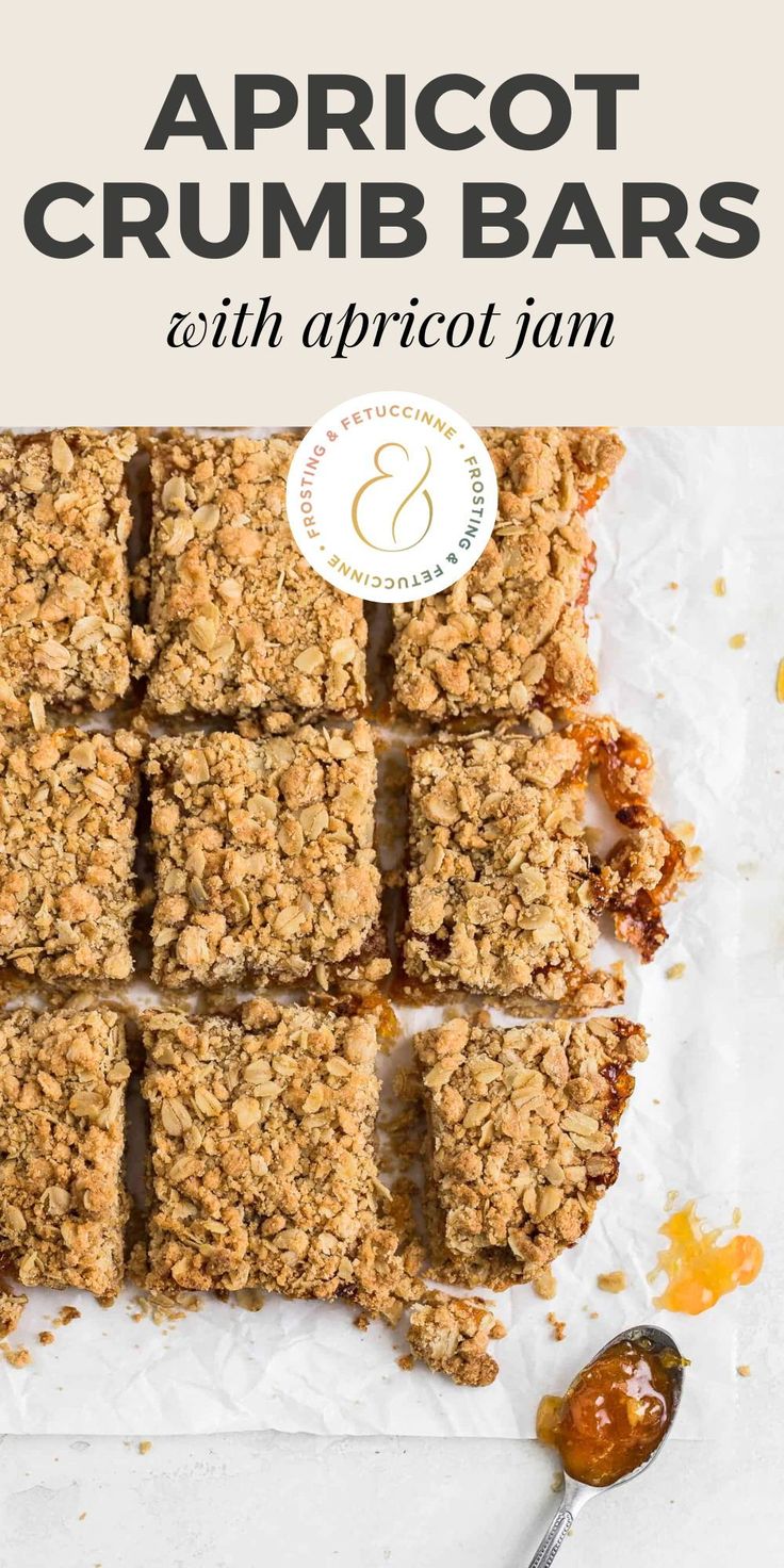 apricot crumb bars with apricot jam on top and text overlay that reads apricot crumb bars with apricot jam