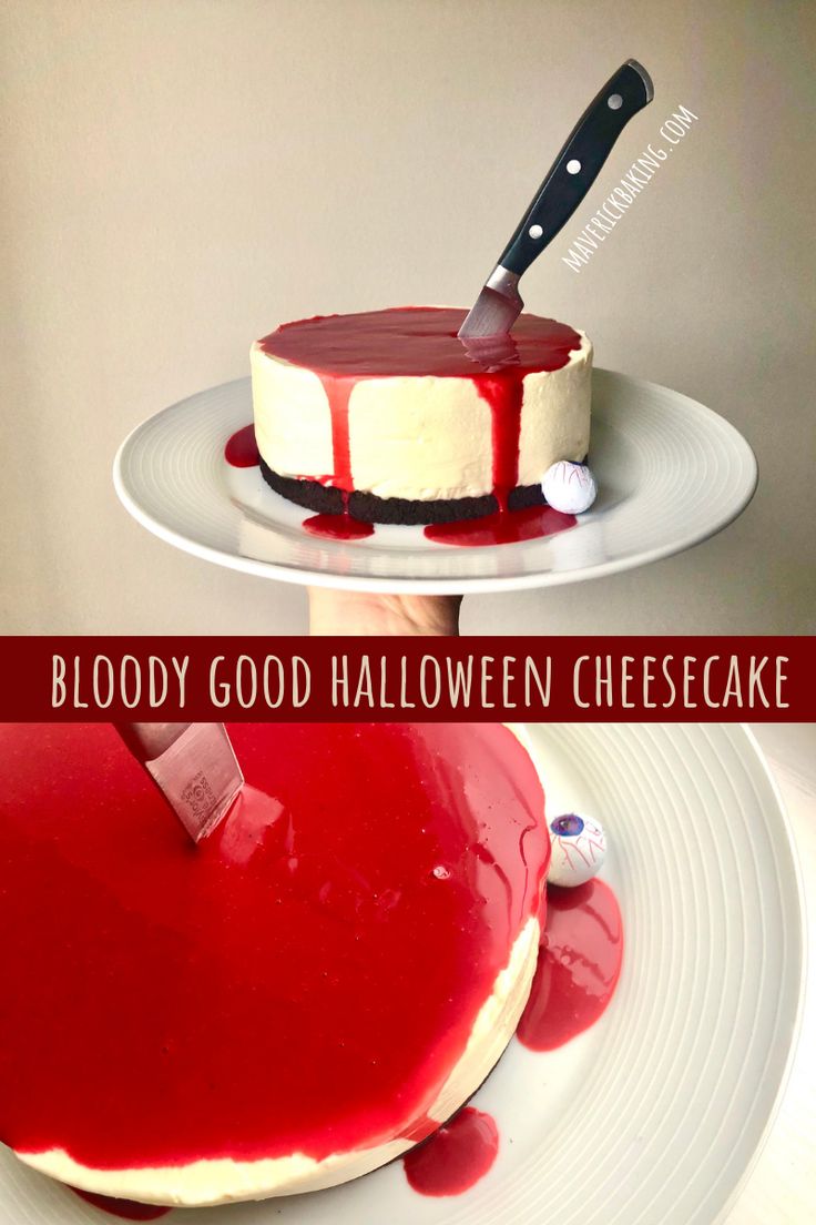 Cheesecake Recipes Halloween, Halloween Dinner Party Desserts, Horror Themed Halloween Party, Halloween Themed Cheesecake, Horror Movie Desserts, Halloween Themed Baked Goods, Halloween Desert Ideas Desserts, Goth Snacks, Ghost Cheesecake