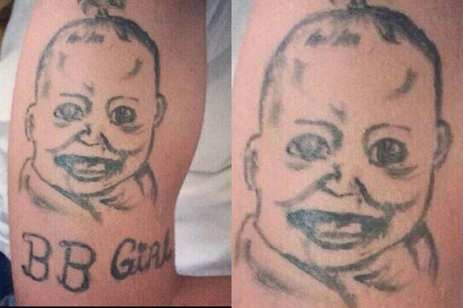 two people with tattoos on their arms, one has a baby face and the other has an image of a man's head