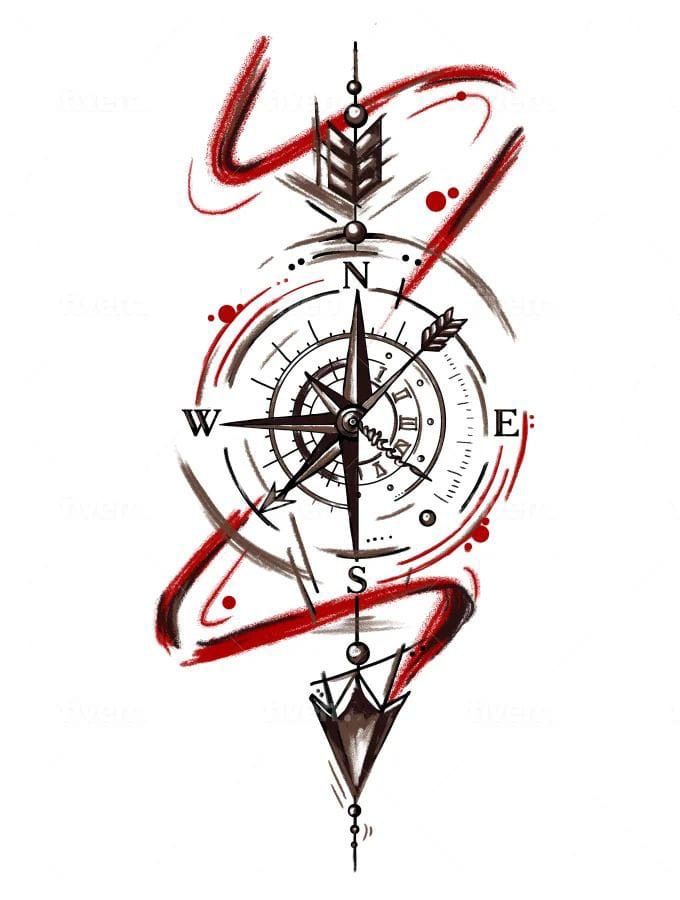 a drawing of a compass with red ink