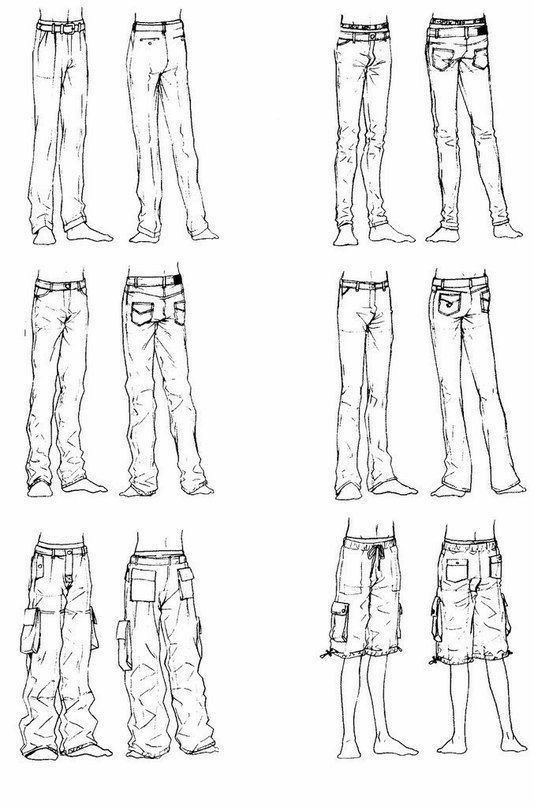 different types of jeans for men and women, all drawn in one drawing technique with black ink