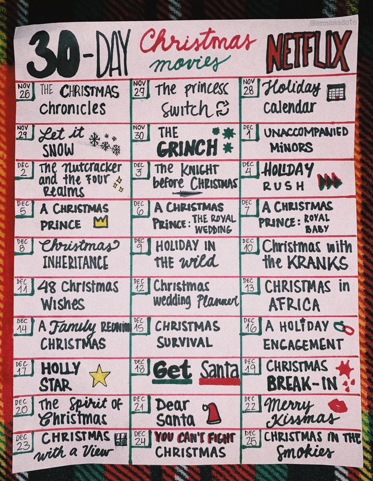 the 30 day christmas movies list is displayed on a plaid blanket with red and green trim