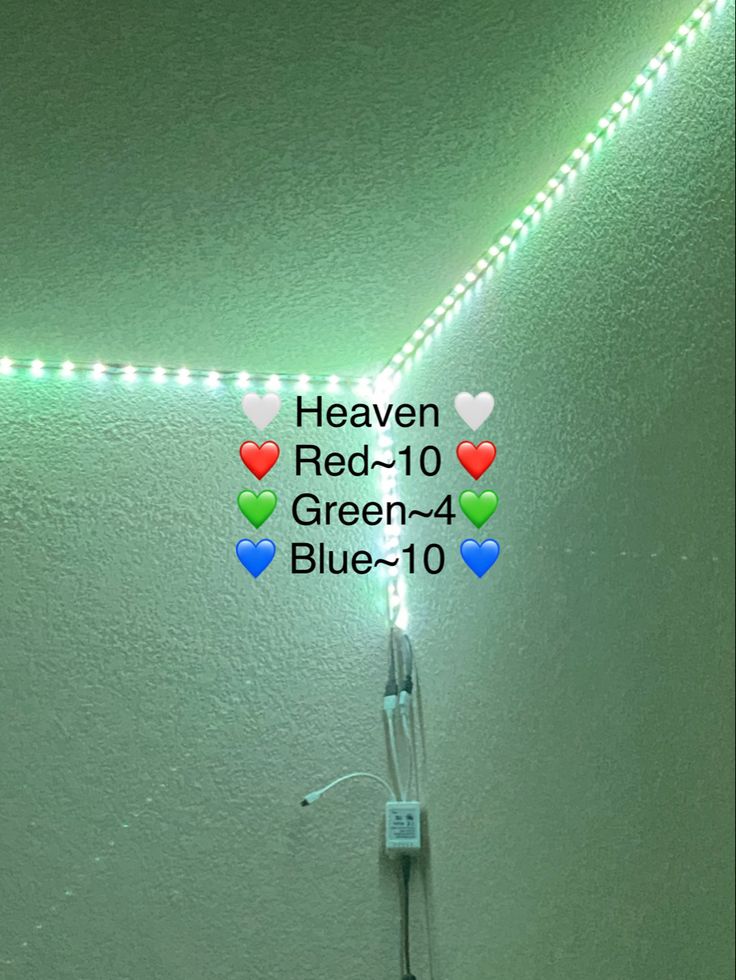 there is a white light with hearts on it and the words heaven red - 10 green - 4 blue - 10