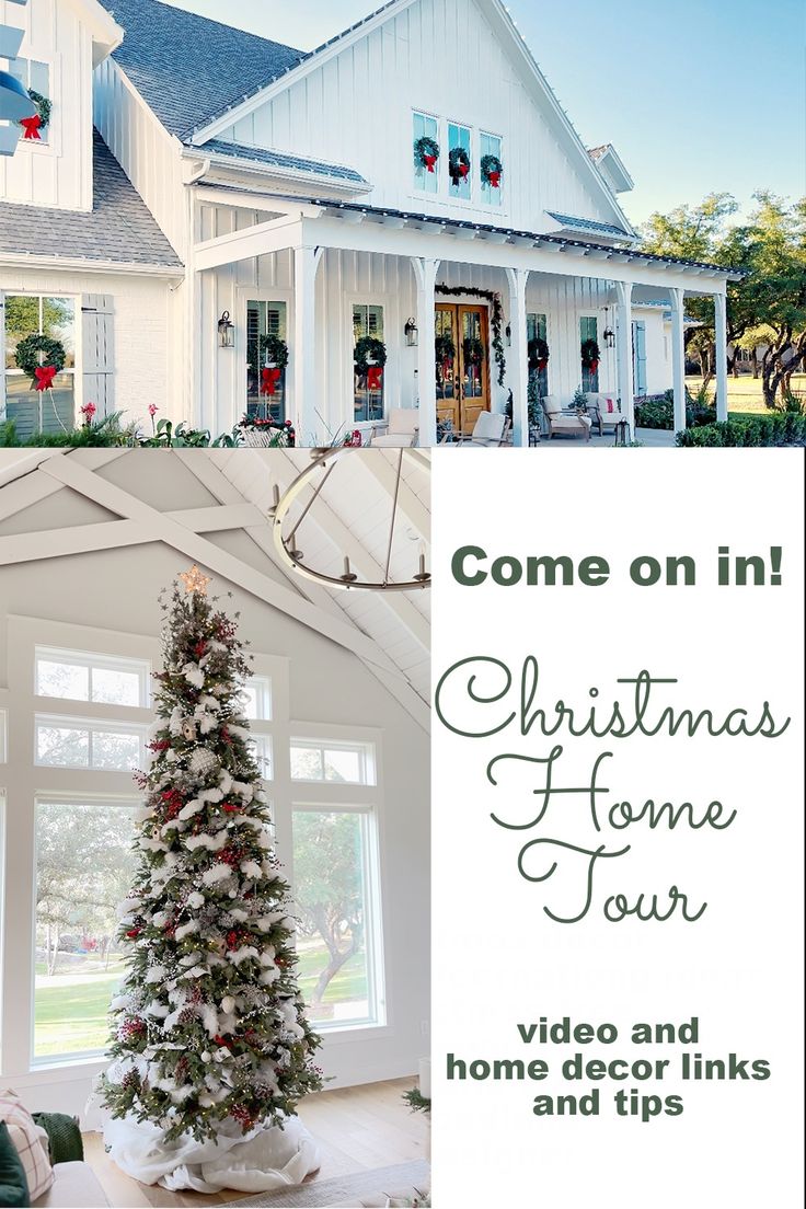 a christmas tree in front of a white house with the words, come on in christmas home tour