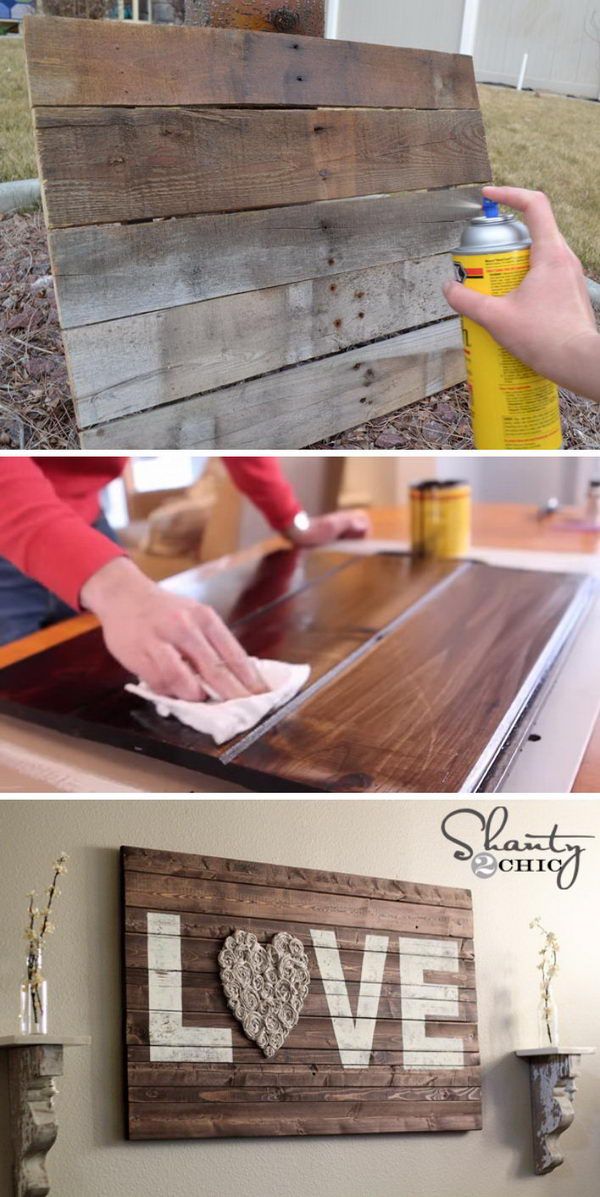 the process of making a pallet wood heart sign is shown in three different pictures