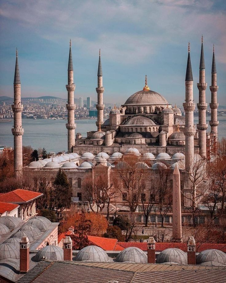 the blue mosque in turkey is surrounded by other buildings