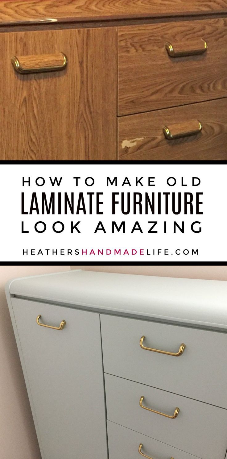 a white dresser with gold handles and the words how to make old laminate furniture look amazing