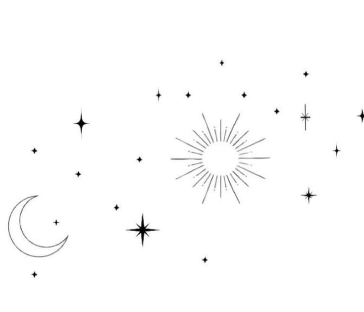 a black and white drawing of stars and the moon