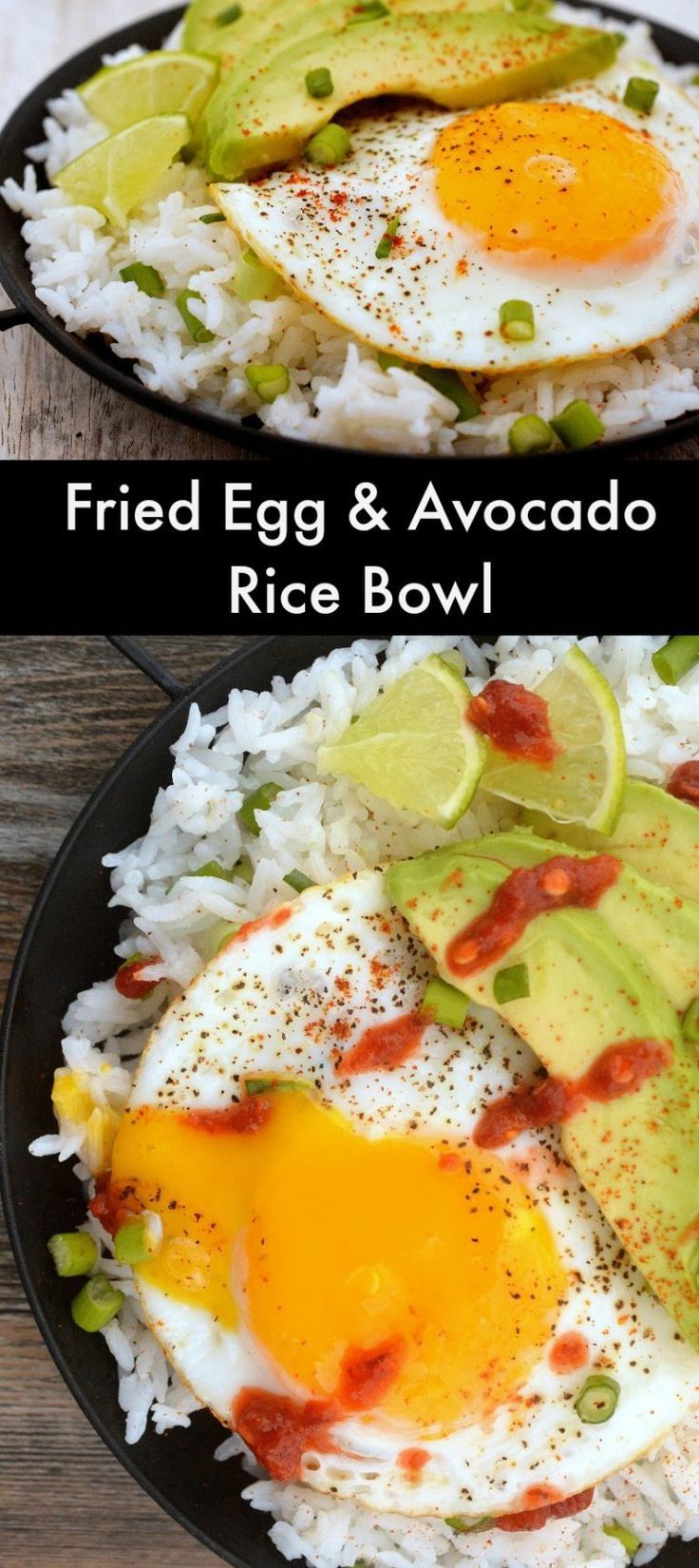 two pictures of fried eggs and avocado rice bowl