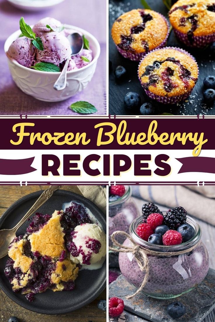 frozen blueberry desserts are shown in this collage with the words frozen blueberry recipes