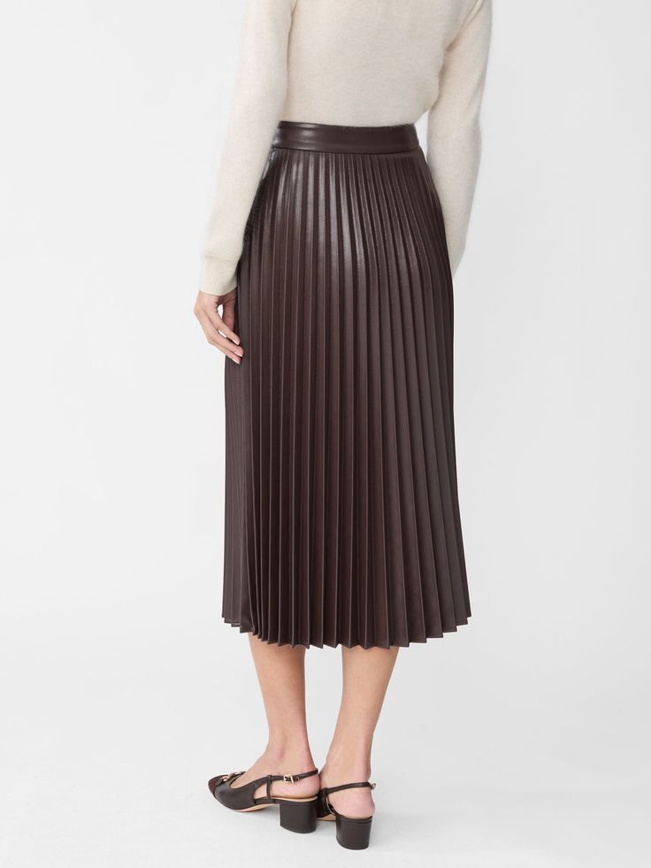 Leather weather. A pleated midi skirt crafted in soft vegan leather, Evey is made to answer autumn's every call. | J.McLaughlin Women's Evey Vegan Leather Skirt Dark Brown, Size 2 Fall Midi Bottoms With Accordion Pleats, Fitted Leather Pleated Skirt, Spring Leather Midi Skirt, Spring Leather Midi-length Skirt, Chic Fall Skirt With Accordion Pleats, Chic Leather Pleated Skirt, Fall Brown Pleated Skirt With Pleated Hem, Brown Pleated Skirt With Pleated Hem For Fall, Workwear Leather Pleated Skirt