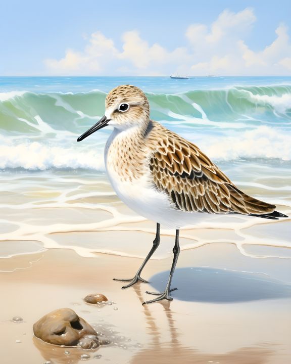 a painting of a bird standing on the beach