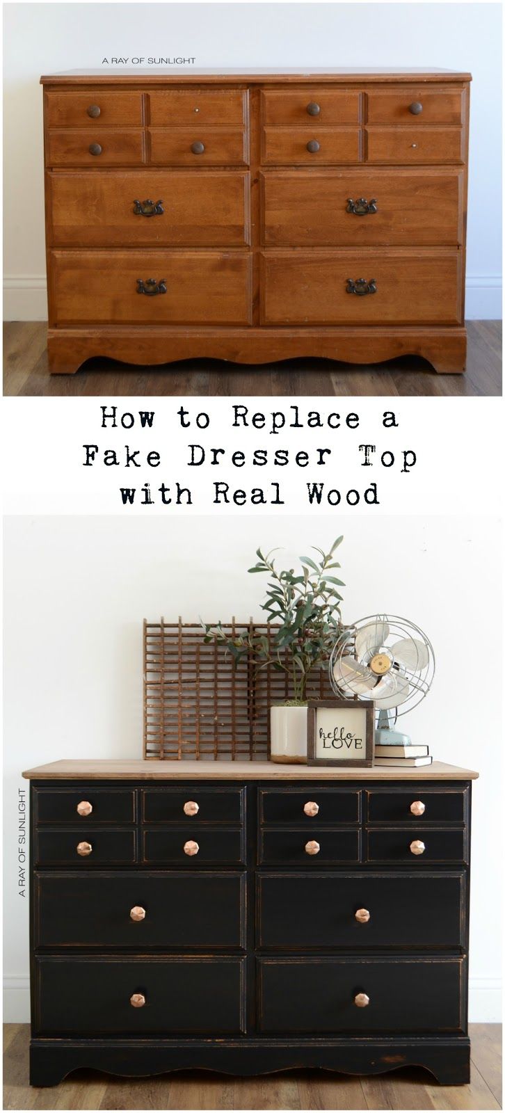 an old dresser has been painted black and is being used as a sideboard for furniture