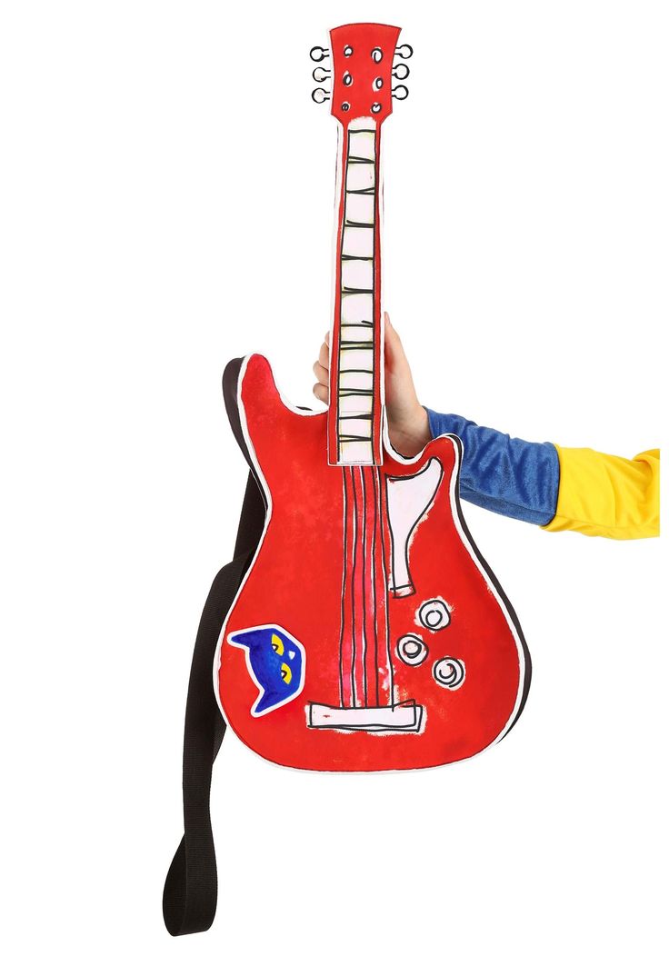 a person holding up a red guitar shaped like a hand with an eye patch on it