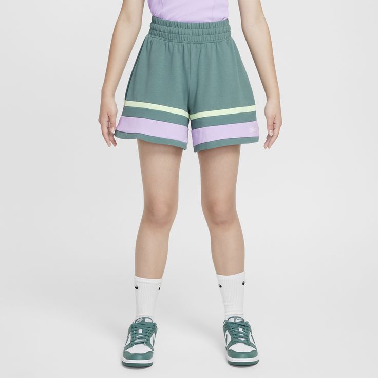 Serve up court-ready style any day of the week. Sporty stripes give these roomy and breathable shorts an athletic twist while an elastic waistband and internal drawcord help keep the fit comfy. A structured knit fabric pulls sweat away from your skin for quick evaporation, helping you stay cool and comfortable. Sporty Bottoms With Built-in Shorts For Playwear, Striped Sportswear Bottoms For Sports, Striped Sporty Bottoms For Sports, Sporty Striped Sports Bottoms, Sporty Striped Bottoms For Sports, Nike Athleisure Athletic Shorts With Elastic Waistband, Sporty Striped Shorts For Sports, Casual Striped Sports Shorts, Nike Sportswear Athletic Shorts With Elastic Waistband