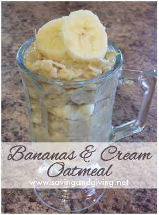 bananas and cream oatmeal in a glass mug