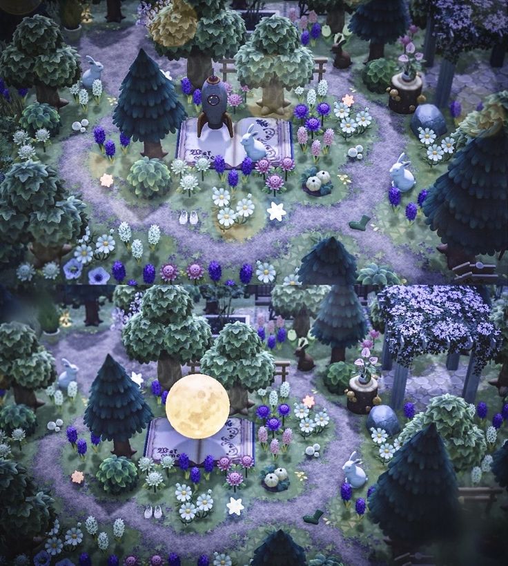 an aerial view of a garden with trees, bushes and flowers on the ground at night