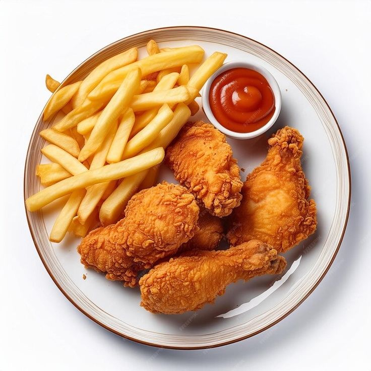 fried chicken, french fries and ketchup on a plate