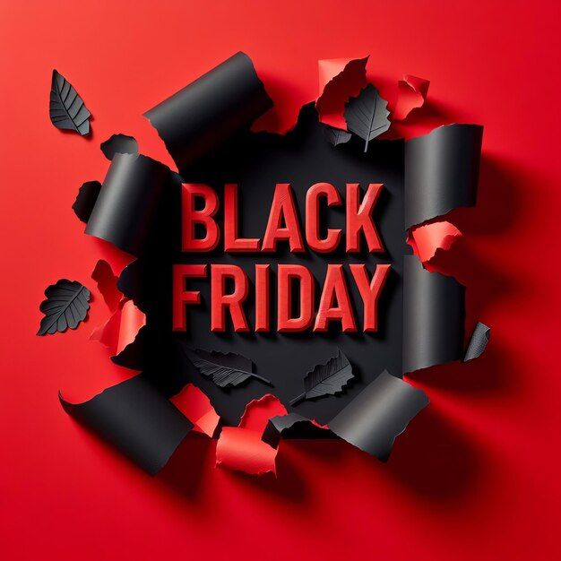 the word black friday is torn into pieces and placed on a red background with leaves