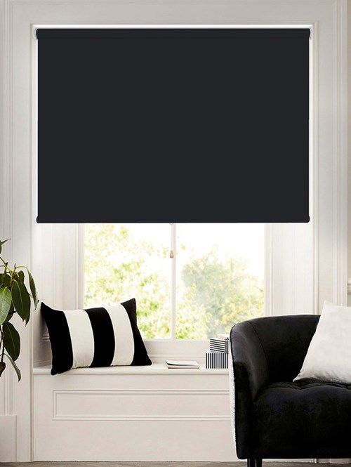 a black and white living room with a couch, window seat and potted plant