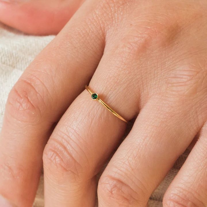 Green Dainty Crystal Ring With Birthstone, Dainty Emerald Ring May Birthstone, Dainty Emerald Ring For Anniversary, May Birthstone, Dainty Green Birthstone Promise Ring, Dainty Stackable Emerald Birthstone Ring, Dainty Emerald Stackable Birthstone Ring, Green Birthstone Stackable Open Rings, Dainty Green Emerald Stackable Rings, Dainty Gold Emerald Ring For May Birthstone