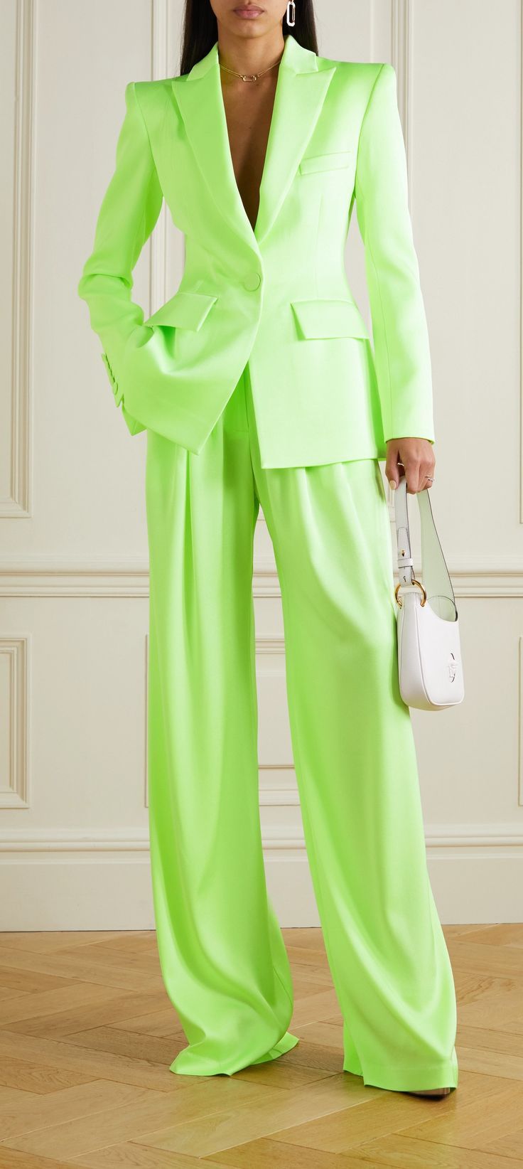 Green Suit Women, Highest Heels, Lauren Hutton, Yellow Pants, Alex Perry, Green Suit, Green Outfit, Green Satin, Wedding Guest Outfit